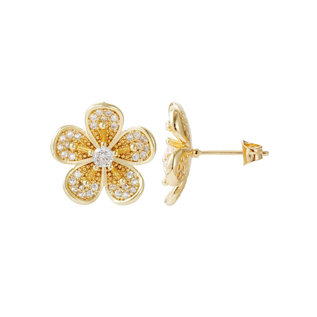 14k Gold Plated CZ Flower Stud Earrings