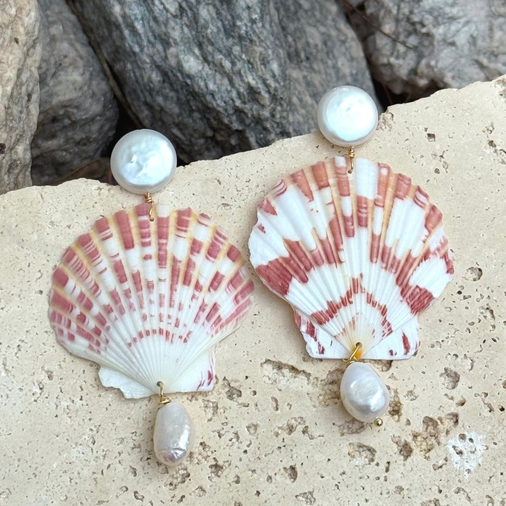 Pink Shell and Shell Pearl 3-Drop Earrings
