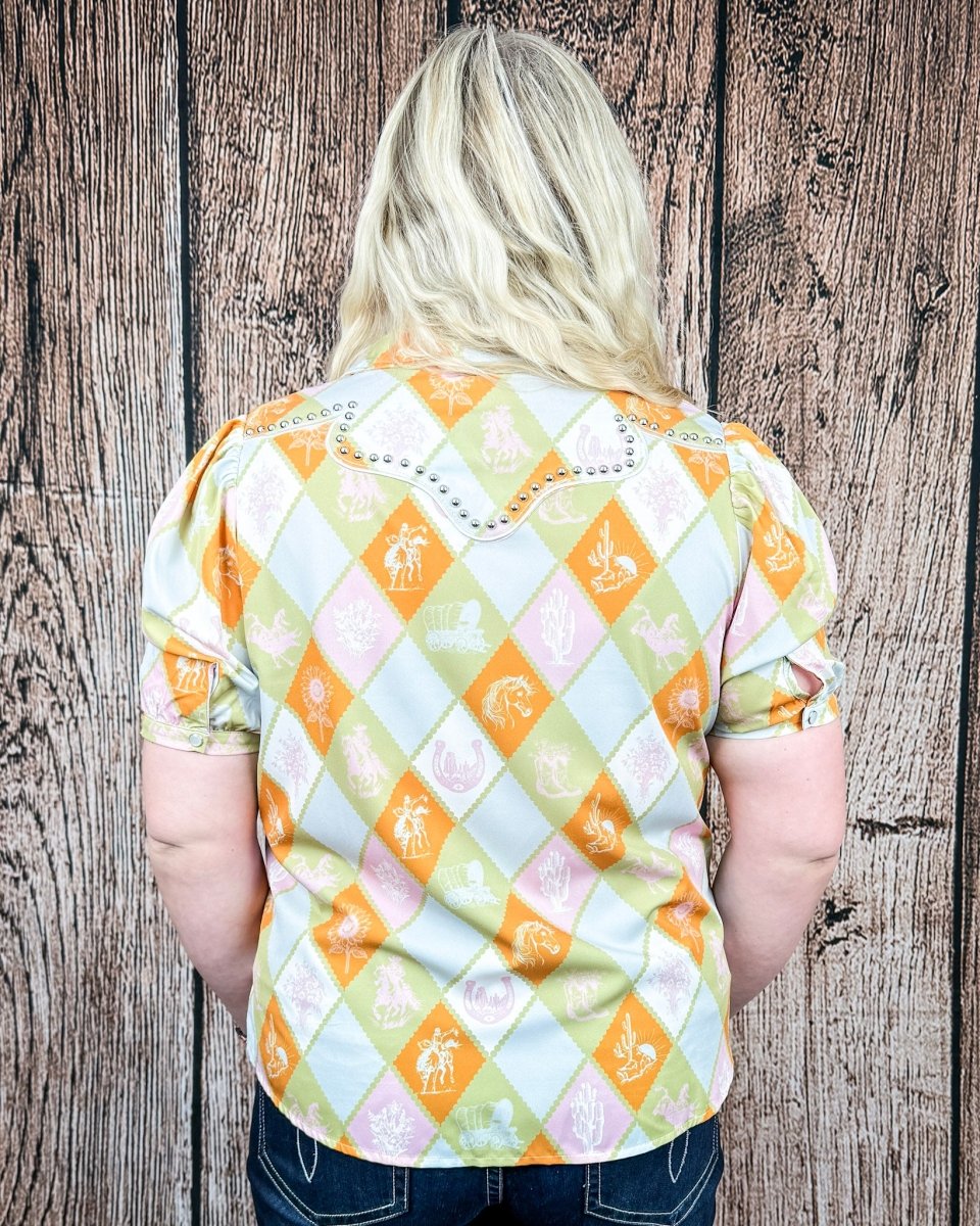 Celeste Puff Sleeve Studded Pearl Snap Shirt in Checkered Print by Lucky and Blessed