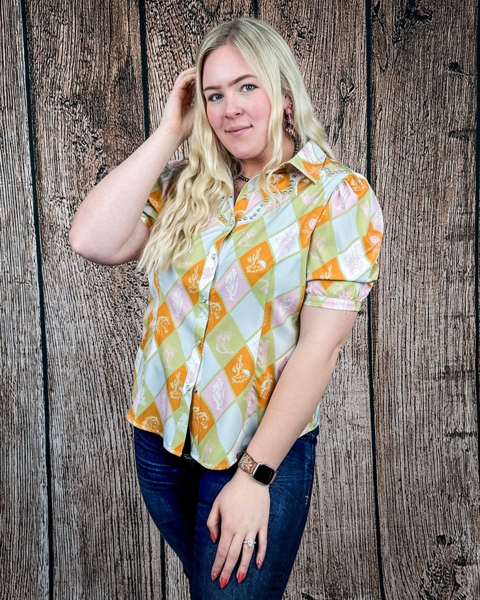 Celeste Puff Sleeve Studded Pearl Snap Shirt in Checkered Print by Lucky and Blessed