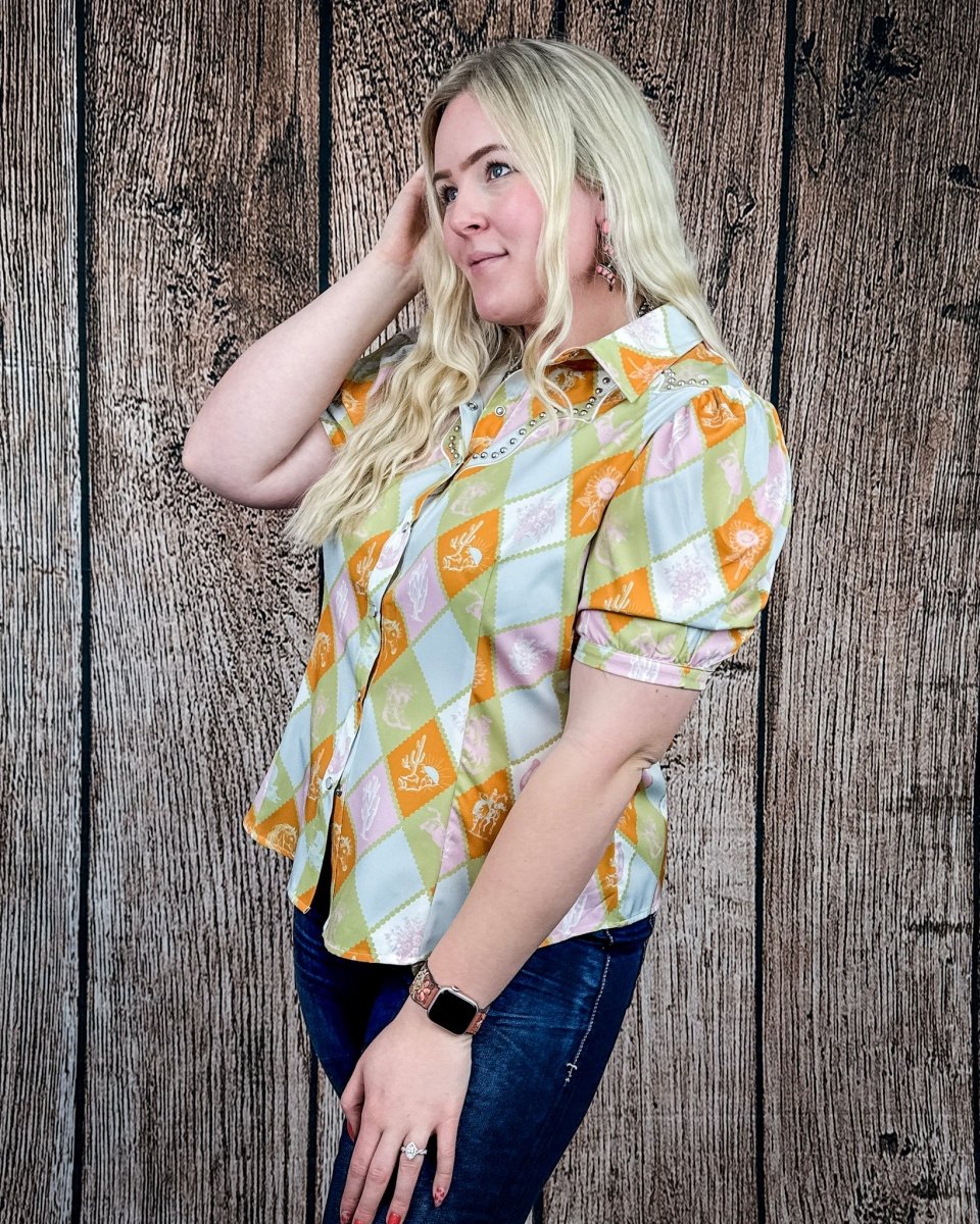 Celeste Puff Sleeve Studded Pearl Snap Shirt in Checkered Print by Lucky and Blessed