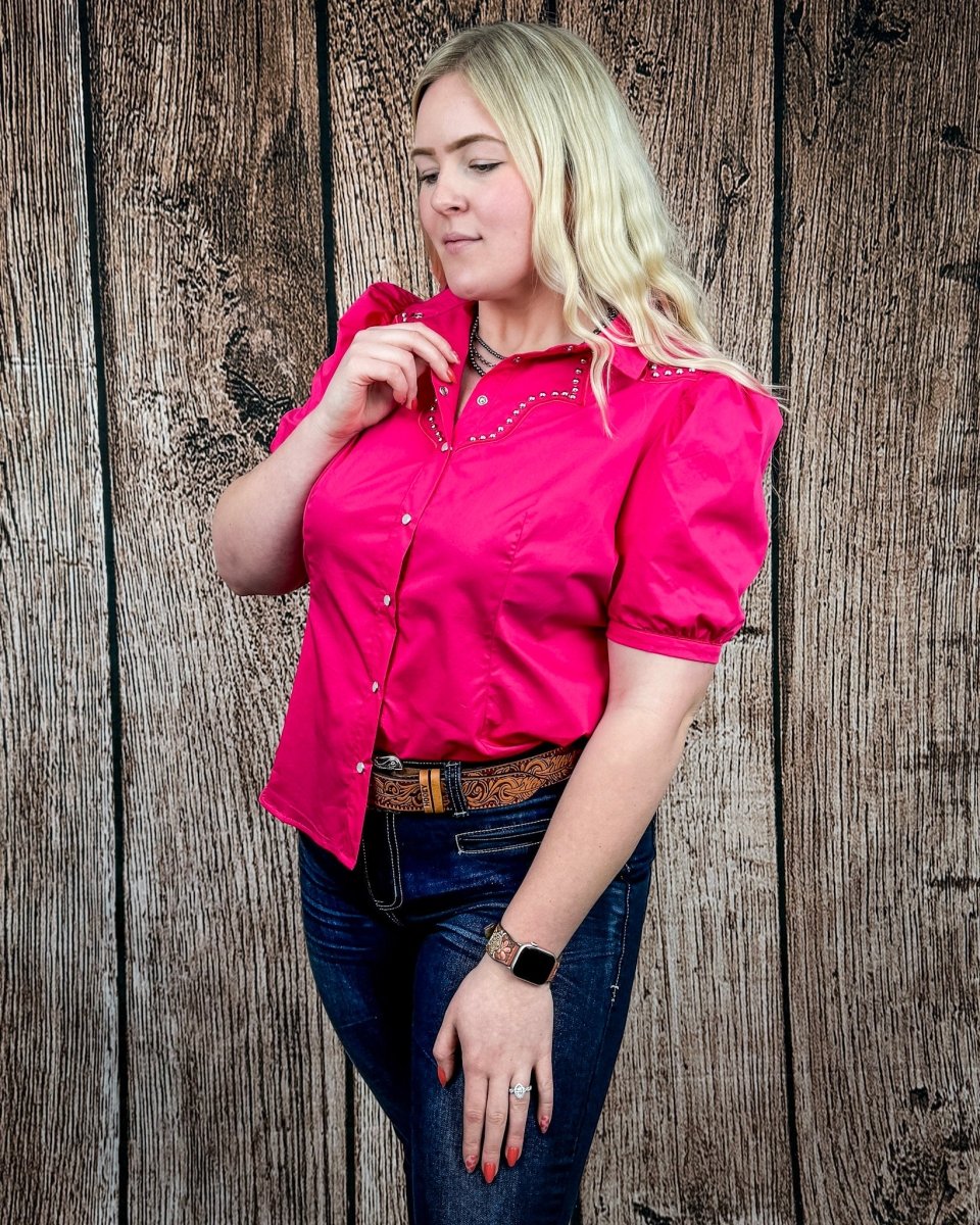 Celeste Puff Sleeve Studded Pearl Snap Shirt in Pink by Lucky and Blessed