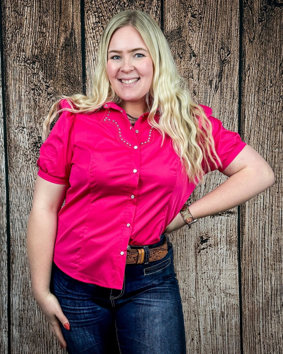 Celeste Puff Sleeve Studded Pearl Snap Shirt in Pink by Lucky and Blessed