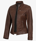 Women's Cognac Wax Cafe Racer Style Leather Jacket