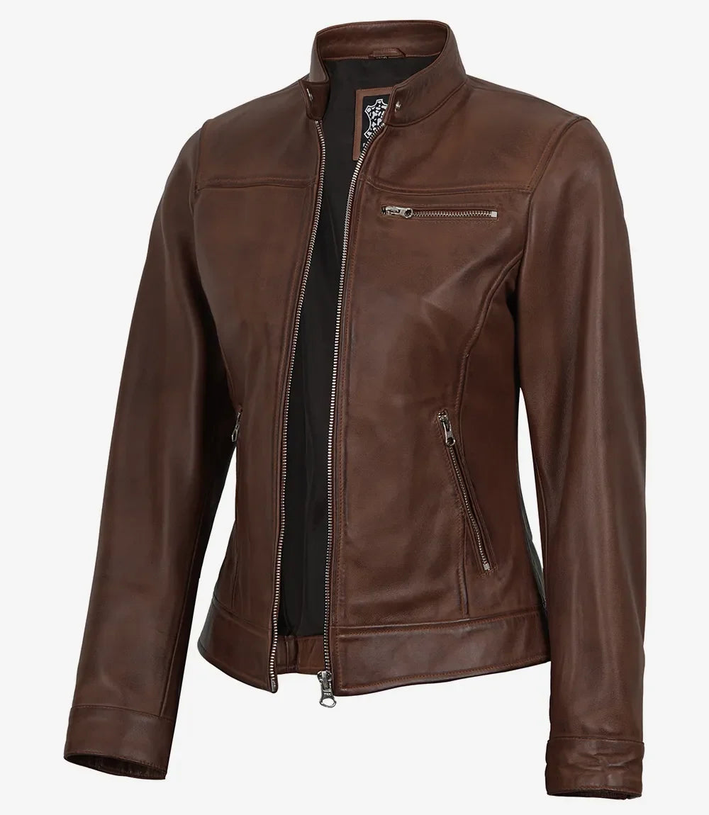 Women's Cognac Wax Cafe Racer Style Leather Jacket