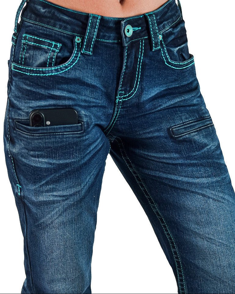 Colorful BootStitch Bootcut Jeans in Medium Wash by Cowgirl Tuff