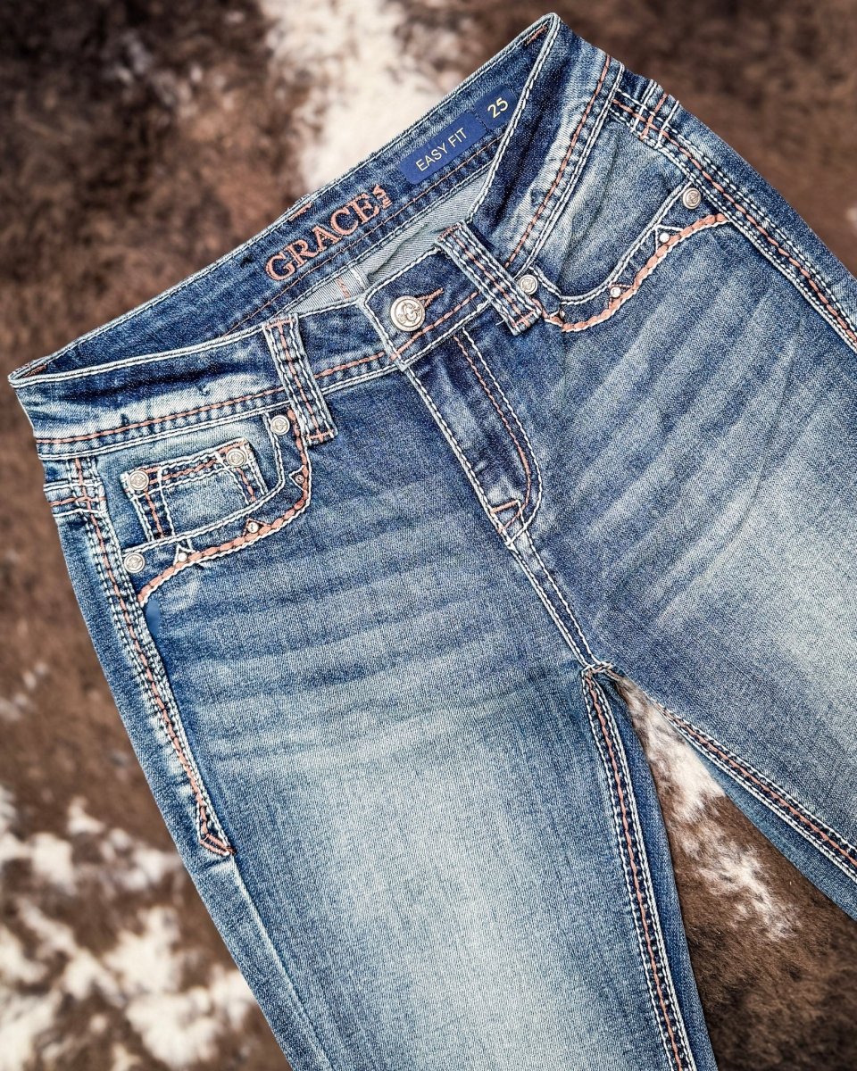 Copper Diamond Rhinestone Easy Boot Jeans by Grace in LA