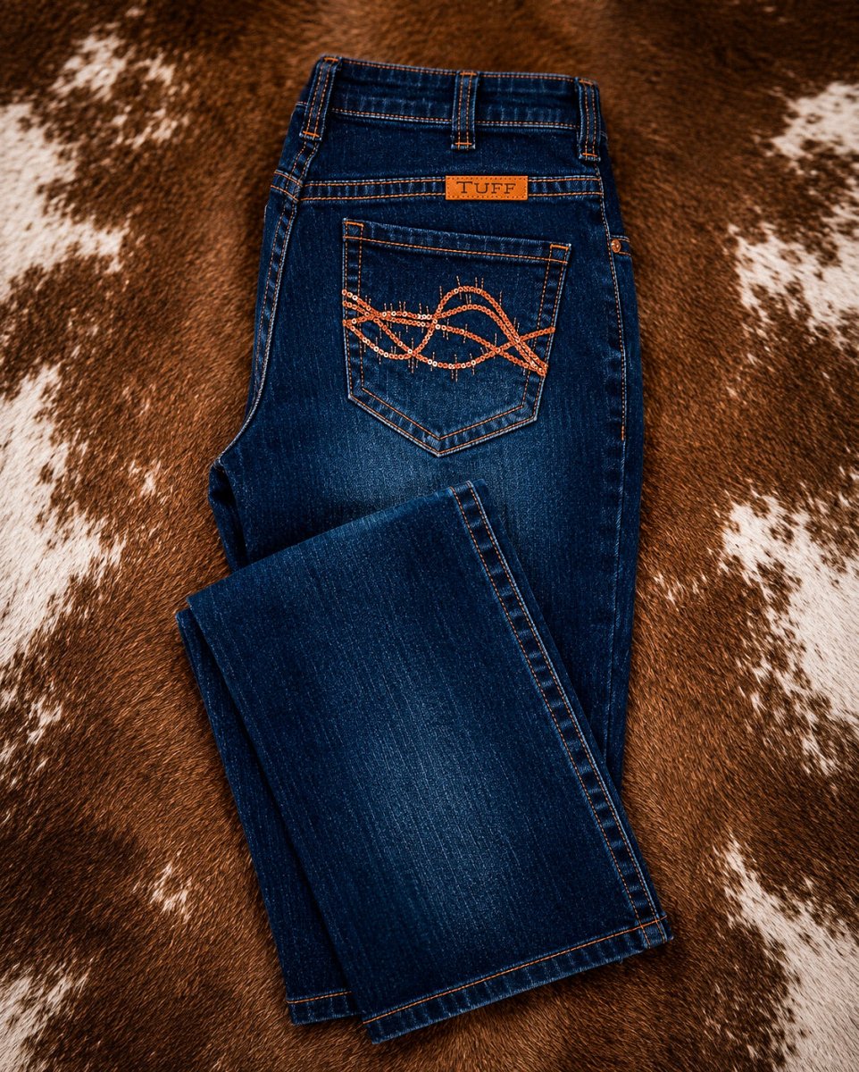 Copper Sequin Bootcut Jeans in Dark Wash by Cowgirl Tuff
