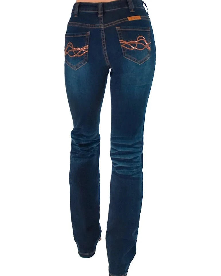 Copper Sequin Bootcut Jeans in Dark Wash by Cowgirl Tuff