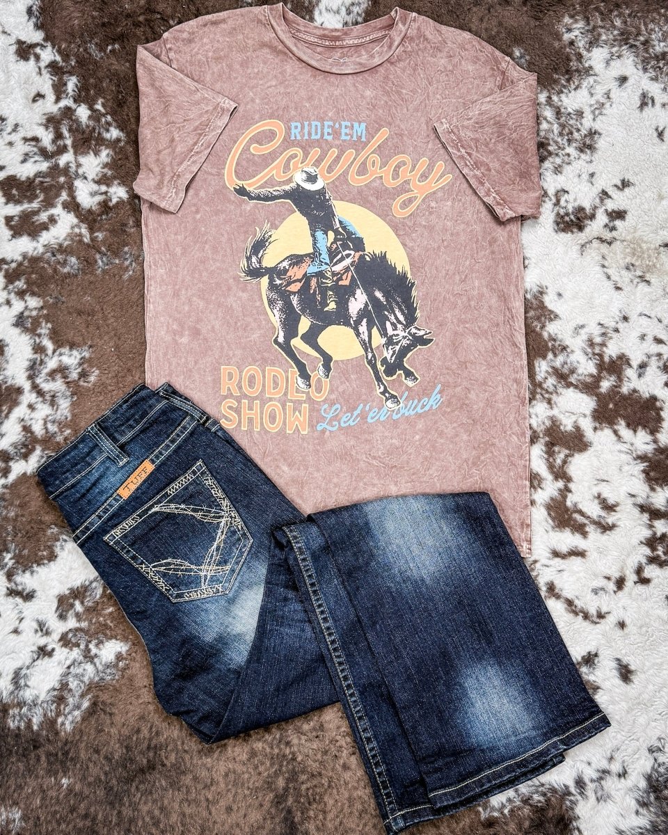 Cowboy Rodeo Show Boyfriend Tee in Mocha Mineral Wash