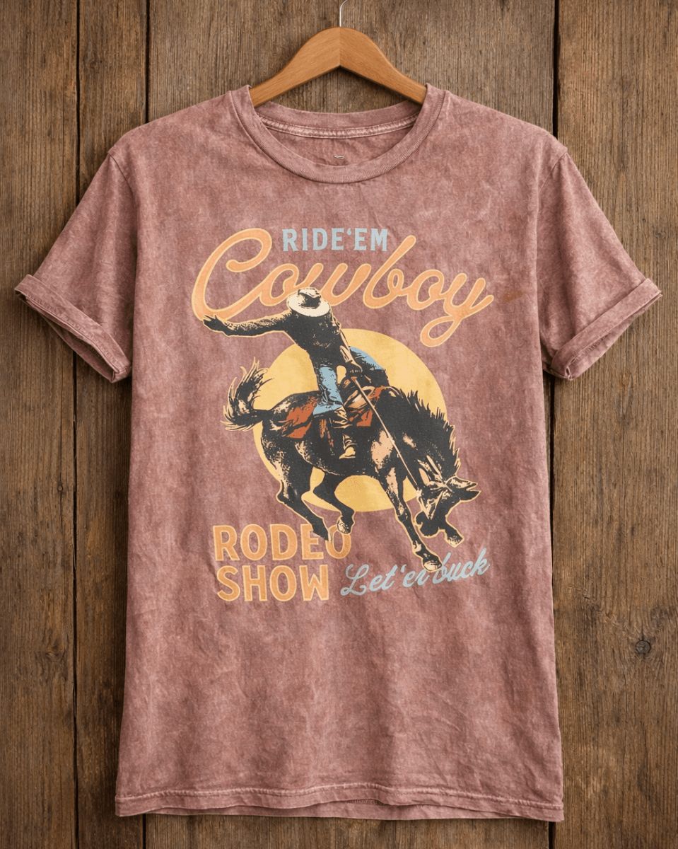 Cowboy Rodeo Show Boyfriend Tee in Mocha Mineral Wash