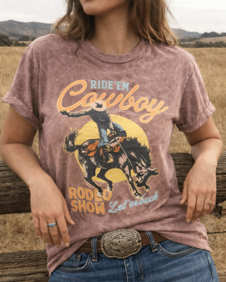 Cowboy Rodeo Show Boyfriend Tee in Mocha Mineral Wash