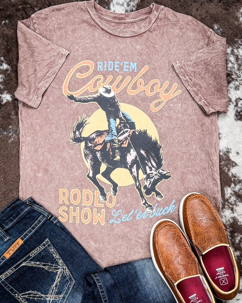 Cowboy Rodeo Show Boyfriend Tee in Mocha Mineral Wash
