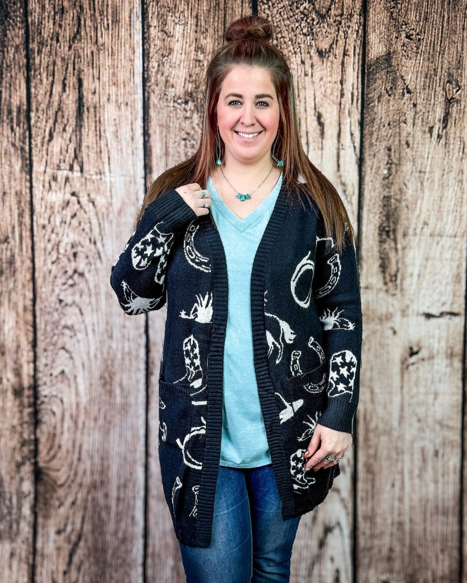 Cowgirl Collage Knit Cardigan in Black by Lucky & Blessed