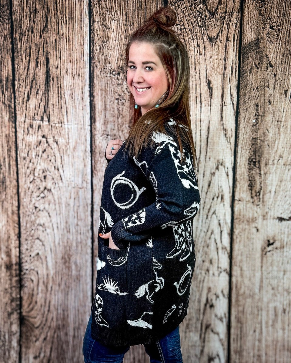 Cowgirl Collage Knit Cardigan in Black by Lucky & Blessed