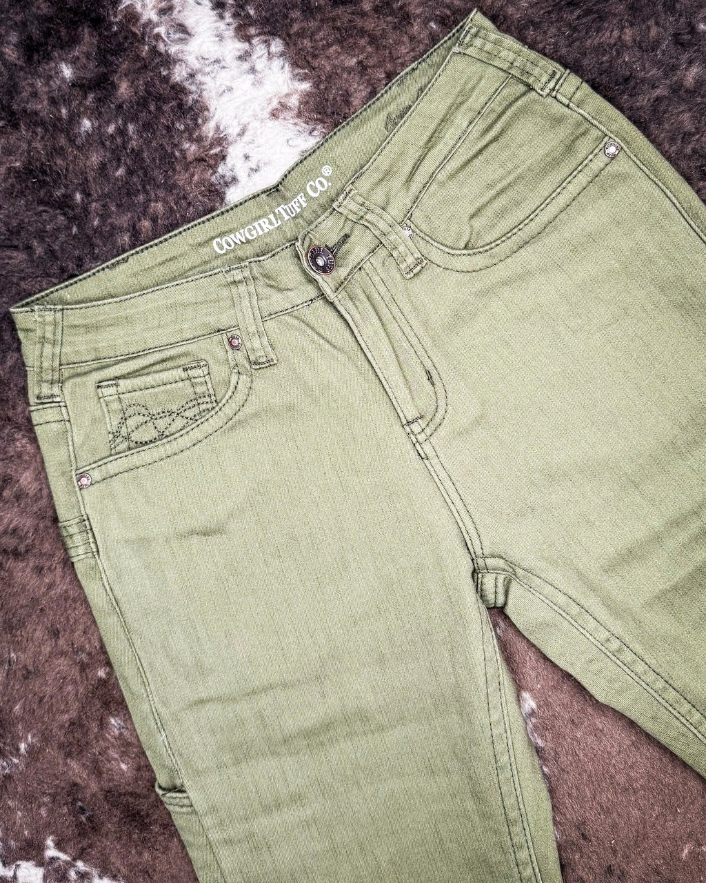 Army Carpenter Flannel Lined Bootcut Jeans in Olive by Cowgirl Tuff