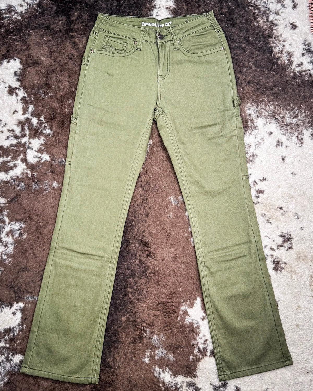 Army Carpenter Flannel Lined Bootcut Jeans in Olive by Cowgirl Tuff