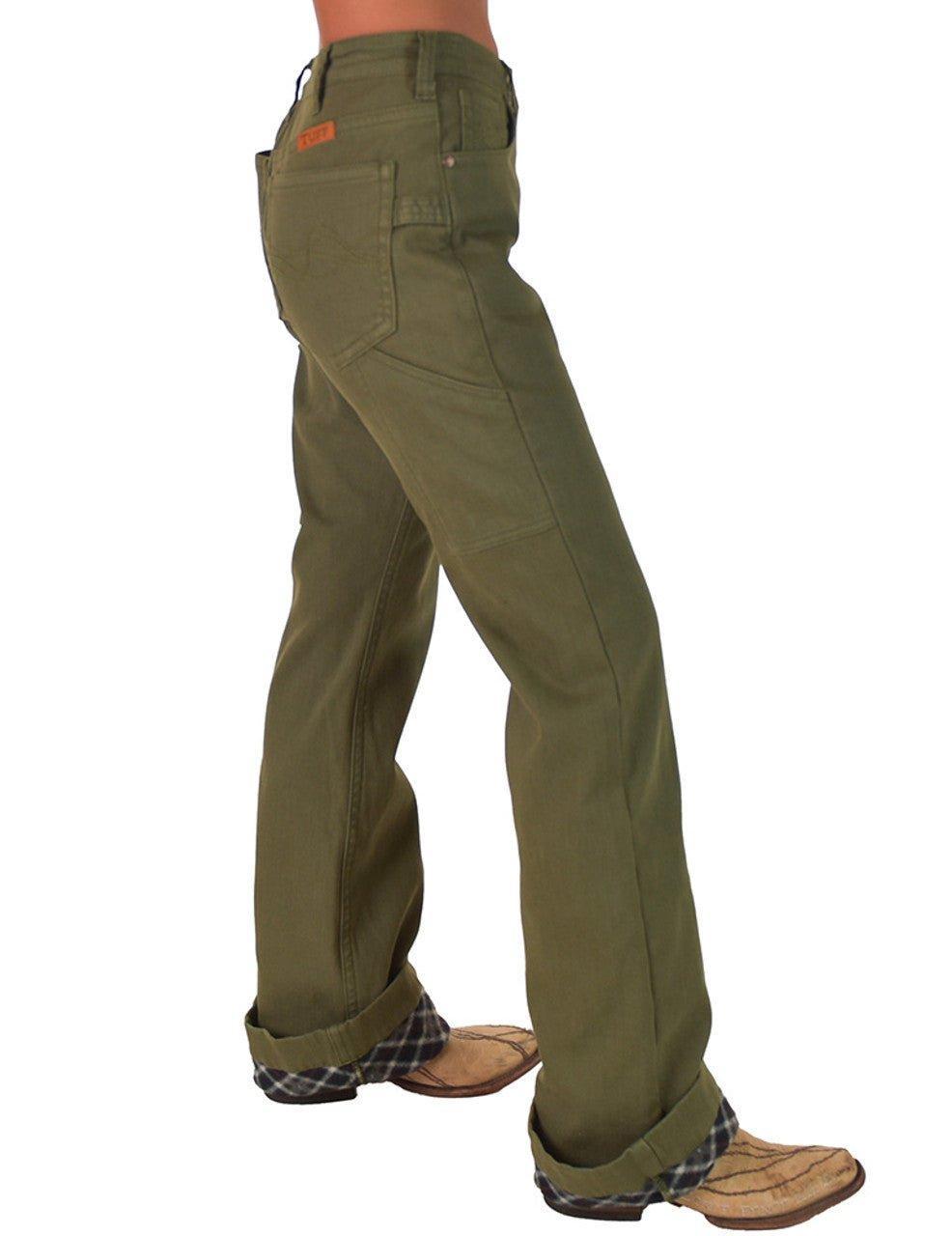 Army Carpenter Flannel Lined Bootcut Jeans in Olive by Cowgirl Tuff