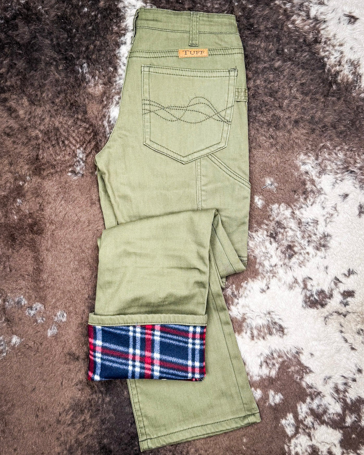 Army Carpenter Flannel Lined Bootcut Jeans in Olive by Cowgirl Tuff