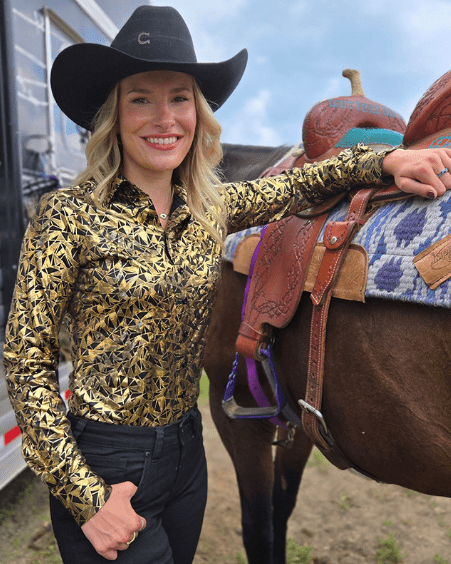 Cowgirl Tuff Black and Gold Starlight Shatter Pullover Button Up