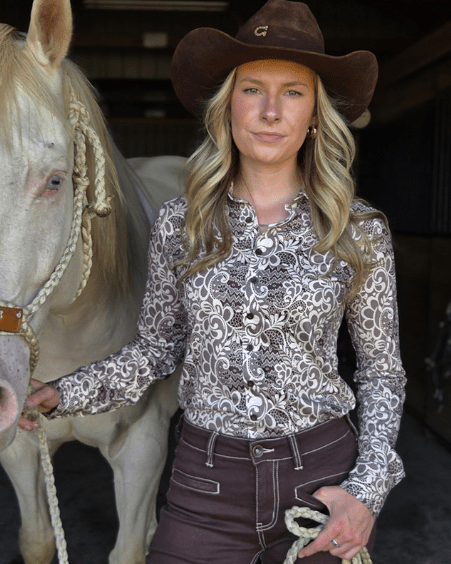 Cowgirl Tuff Brown and Cream Lace Pullover Button Up
