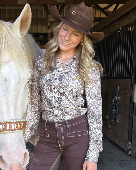 Cowgirl Tuff Brown and Cream Lace Pullover Button Up