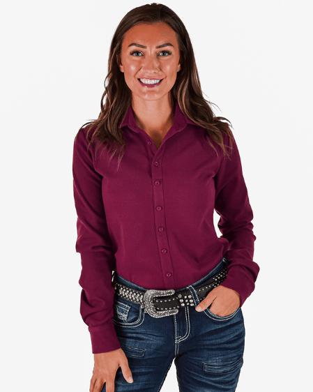 Cowgirl Tuff Burgundy Fleece Stretch Pullover Button Up