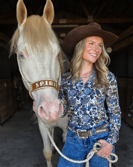 Cowgirl Tuff Navy Western Winds Paisley Pullover Button Up