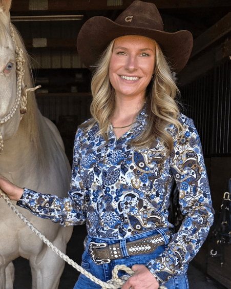Cowgirl Tuff Navy Western Winds Paisley Pullover Button Up