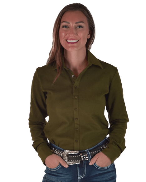 Cowgirl Tuff Olive Green Fleece Stretch Pullover Button Up