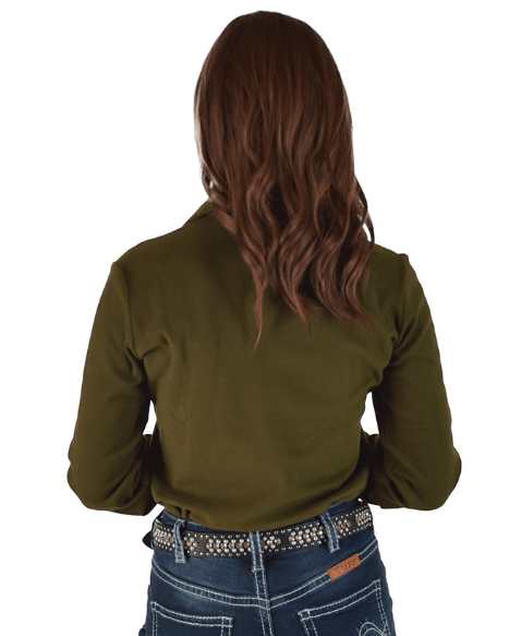 Cowgirl Tuff Olive Green Fleece Stretch Pullover Button Up