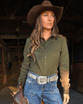 Cowgirl Tuff Olive Green Fleece Stretch Pullover Button Up