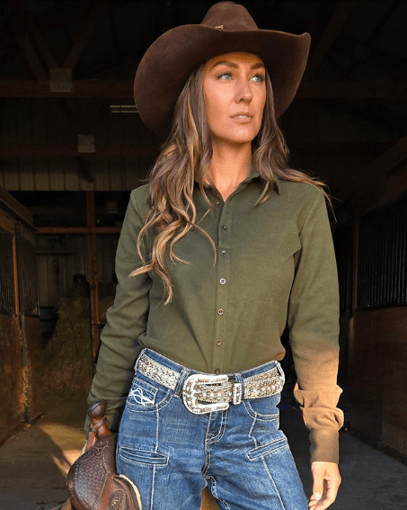 Cowgirl Tuff Olive Green Fleece Stretch Pullover Button Up