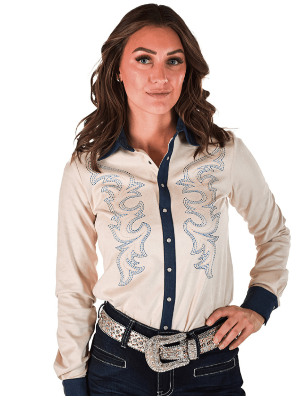 Cowgirl Tuff Pale Rider – Ivory Stretch Suede Button Up with Embroidery