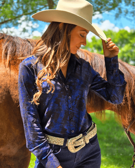 Cowgirl Tuff Royal Blue Oil Iridescent Pullover Button Up