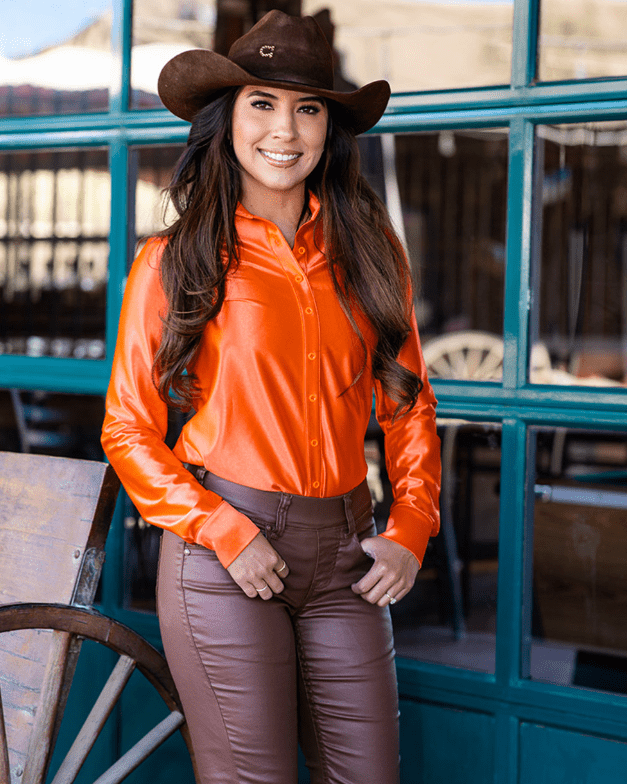 Cowgirl Tuff Satin Hustle Pullover Button Up in Orange