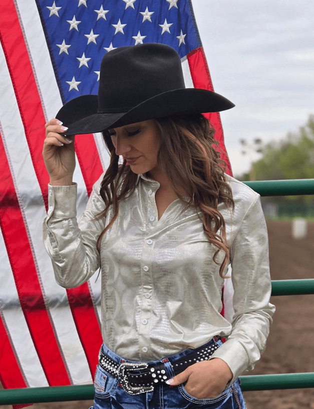 Cowgirl Tuff Shiny Side Up Pullover Button Up with Holographic Foil