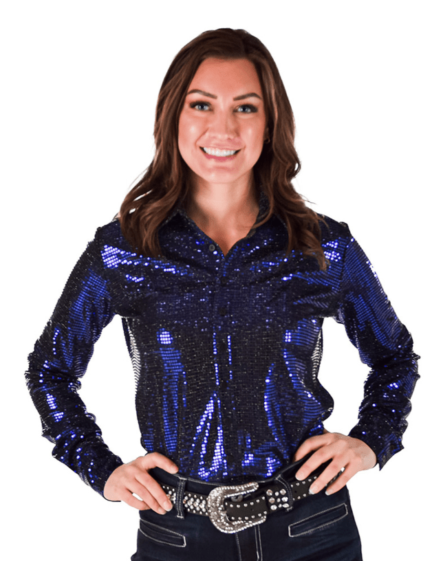 Cowgirl Tuff Spurfire Pullover Button Up with Dark Blue Metallic Foil