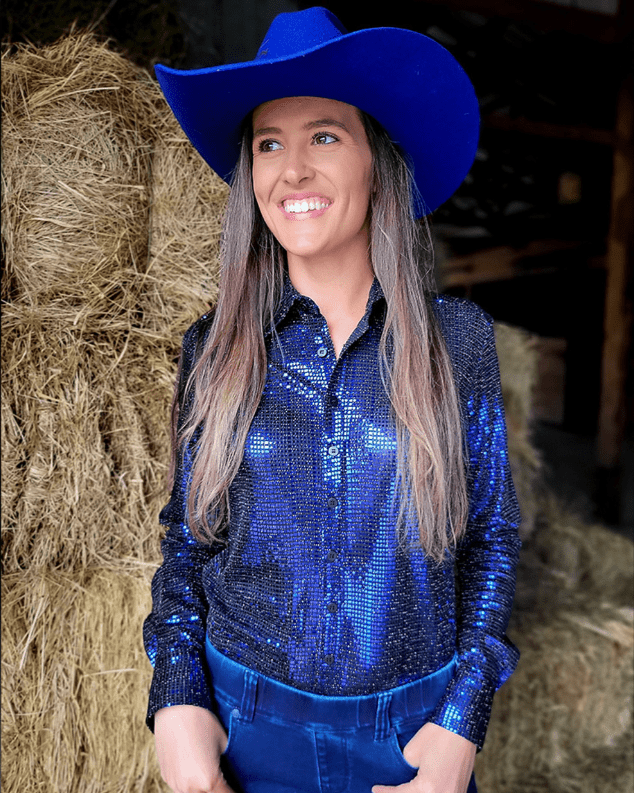 Cowgirl Tuff Spurfire Pullover Button Up with Dark Blue Metallic Foil