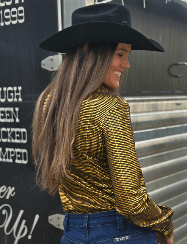 Cowgirl Tuff Spurfire Pullover Button Up with Yellow Metallic Foil