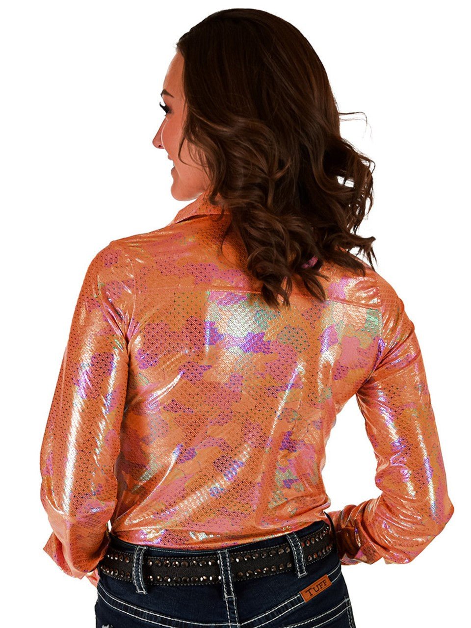 Cowgirl Tuff Sunburst Zip Top – Orange Metallic Long Sleeve