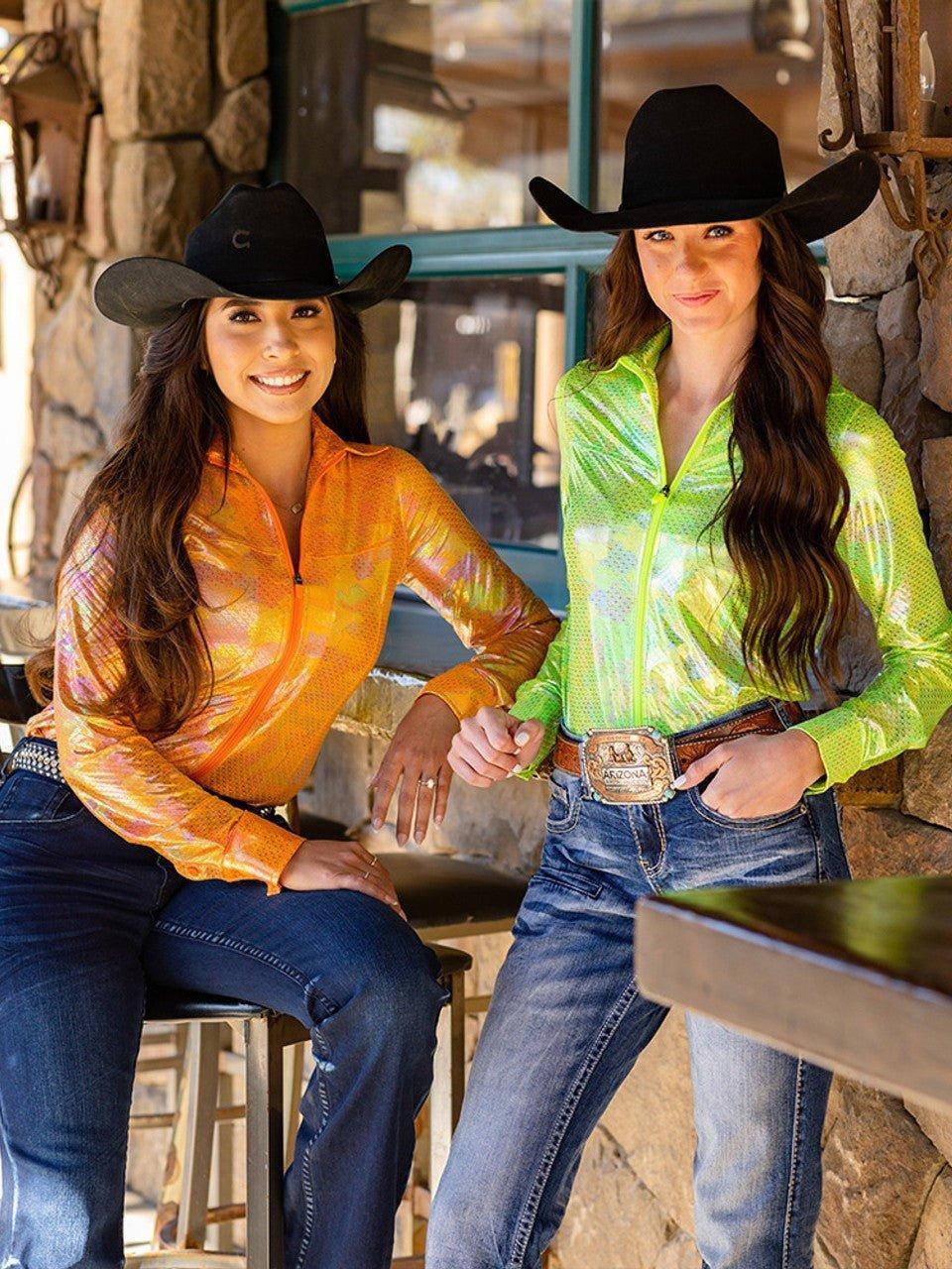 Cowgirl Tuff Sunburst Zip Top – Orange Metallic Long Sleeve