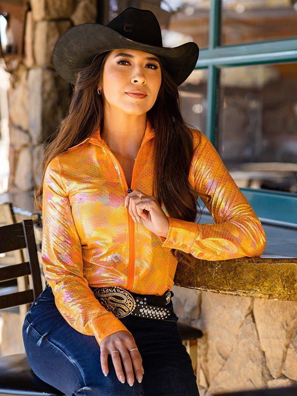 Cowgirl Tuff Sunburst Zip Top – Orange Metallic Long Sleeve