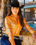 Cowgirl Tuff Sunburst Zip Top – Orange Metallic Long Sleeve