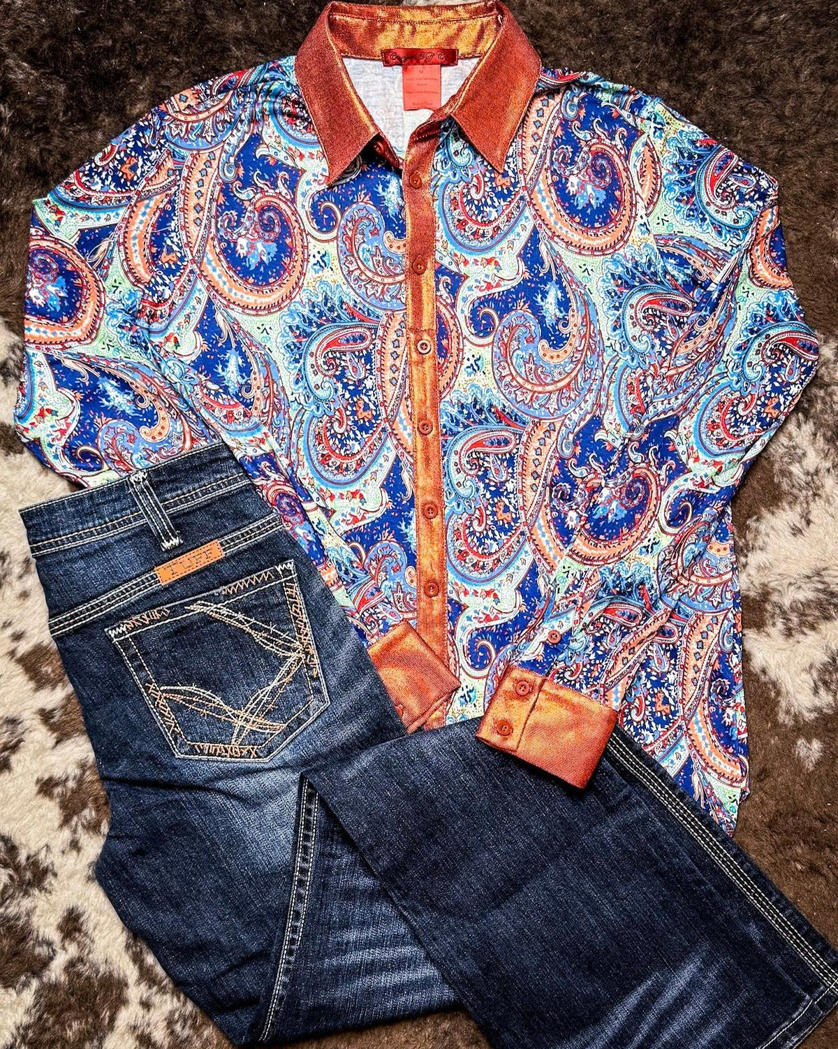 Cowgirl Tuff Twilight Tessa Pullover Button Up Paisley With Rust Foil Metallic Accents
