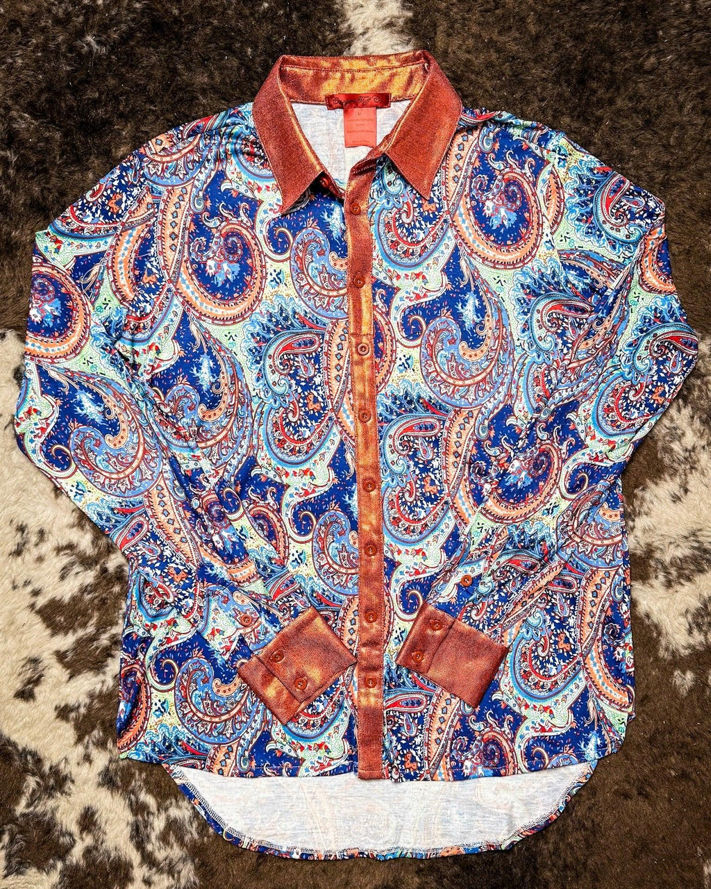 Cowgirl Tuff Twilight Tessa Pullover Button Up Paisley With Rust Foil Metallic Accents