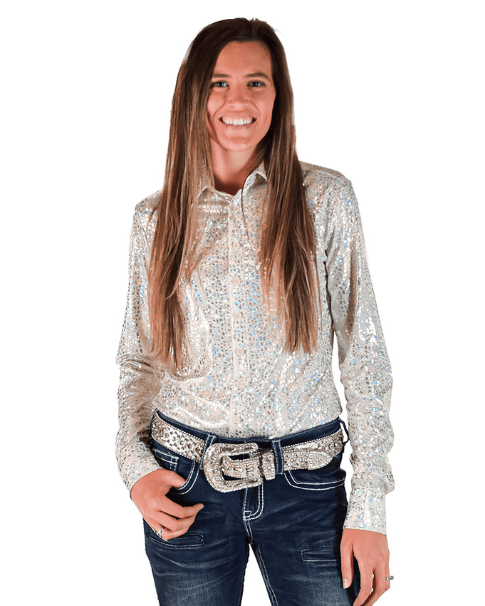 Cowgirl Tuff White Party Chrome Pullover Button Up
