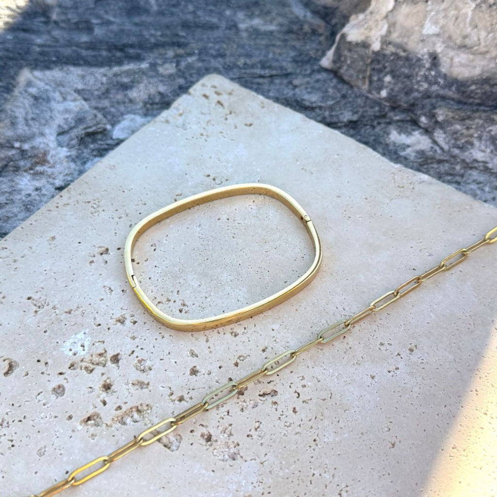 Tarnish Resistant 18k Gold Plated Rectangular Cuff and Paper Clip Chain Bracelet Set
