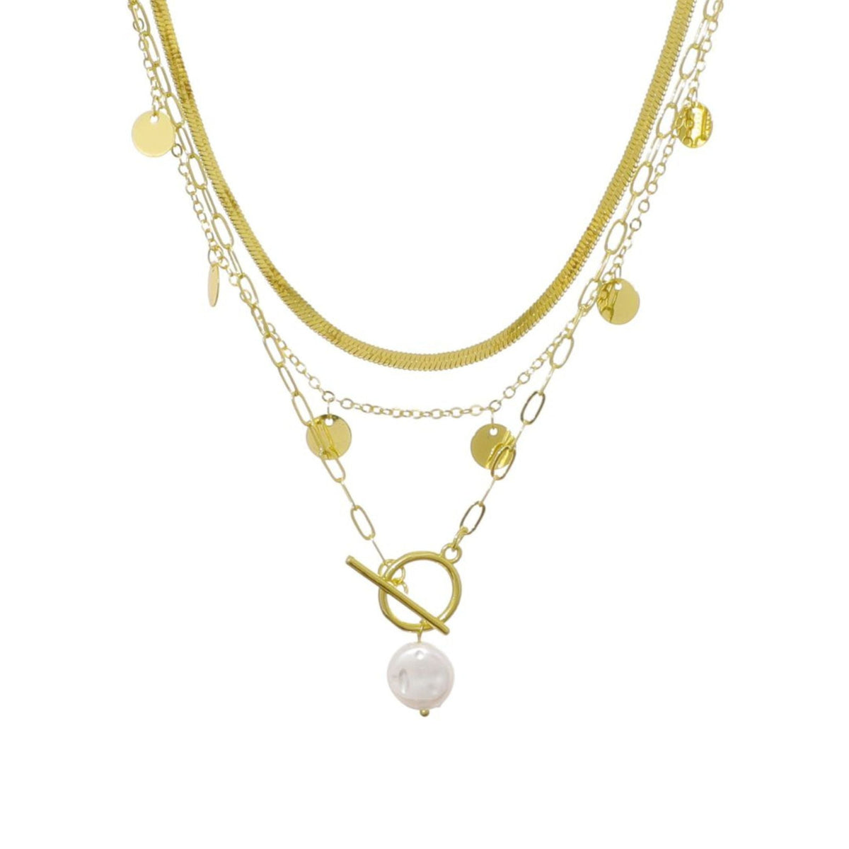 14k Gold Plated Pearl and 3-Layer Necklace