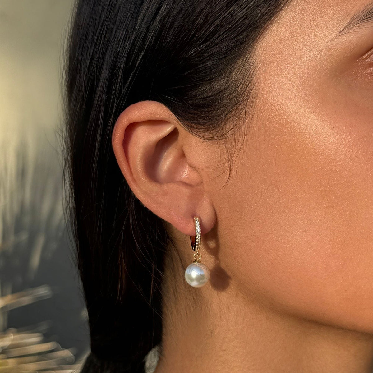 14k Gold Plated CZ Huggie Hoop Earrings with Freshwater Pearl Drop